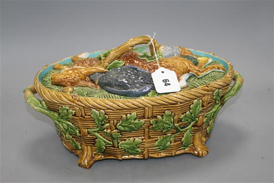 A Mintons majolica game tureen, with hare and poultry lid and oak leaf base, impressed marks, 36cm